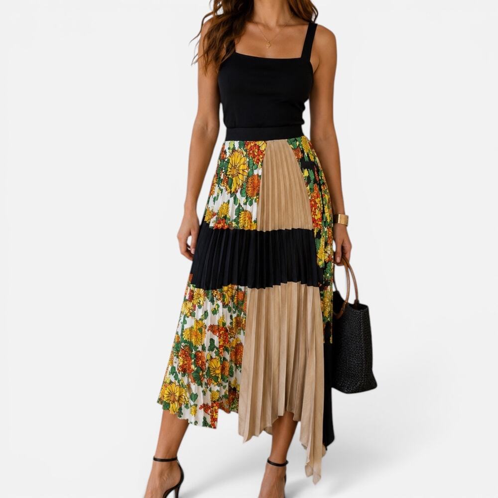 Asymmetric Pleated Flowing Midi Skirt Marigold Floral Colorblock Boho New Italy